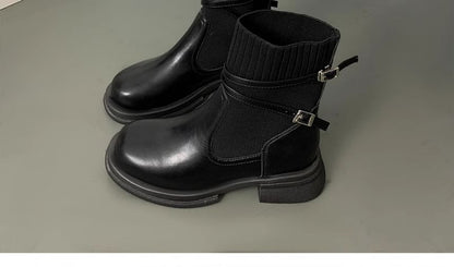 Platform Buckled Panel Knit Short Boots