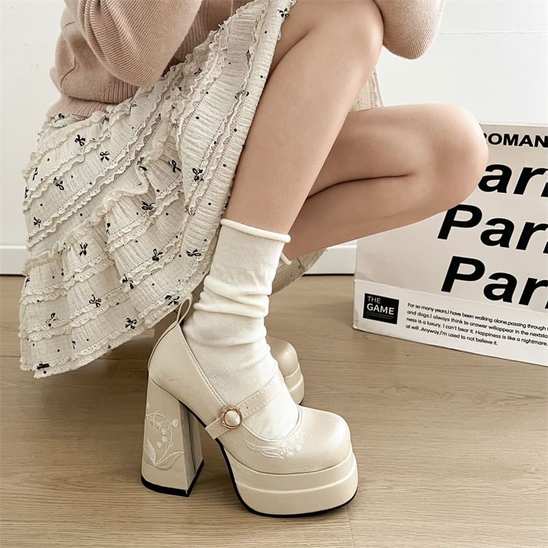 Platform Floral Embroidered Bow Block Heel Mary Jane Pumps