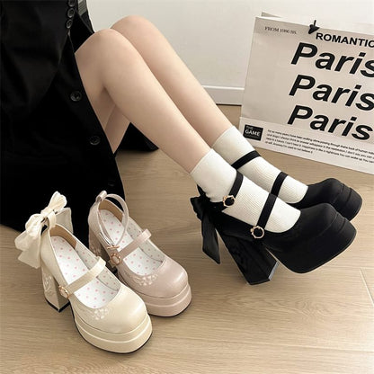 Platform Floral Embroidered Bow Block Heel Mary Jane Pumps