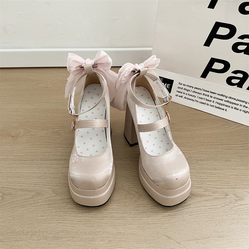 Platform Floral Embroidered Bow Block Heel Mary Jane Pumps