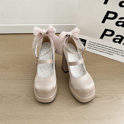 Platform Floral Embroidered Bow Block Heel Mary Jane Pumps