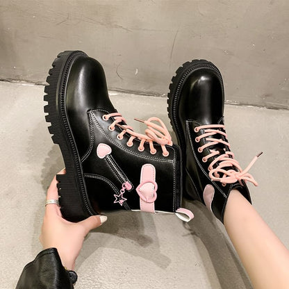 Platform Buckled Panel Lace Up Short Boots