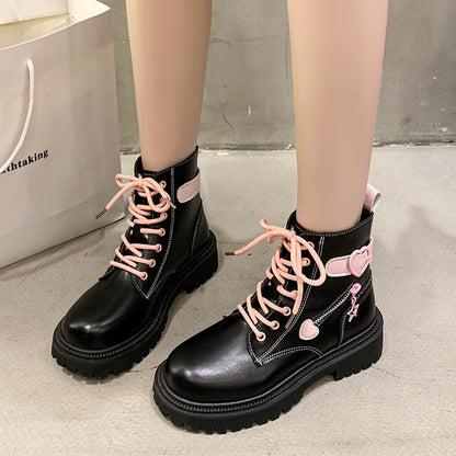 Platform Buckled Panel Lace Up Short Boots