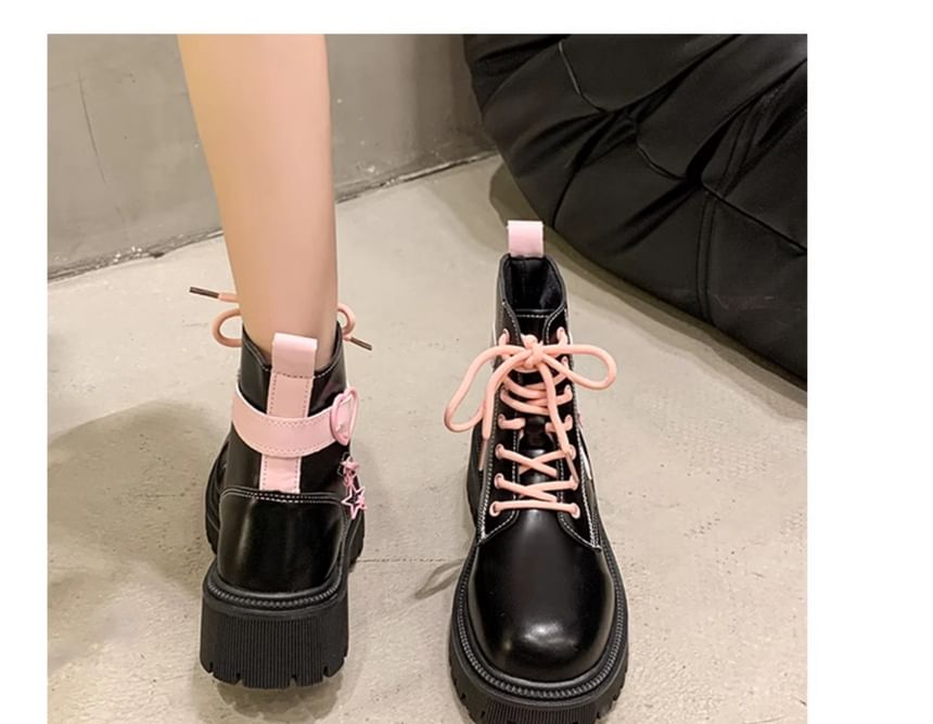 Platform Buckled Panel Lace Up Short Boots