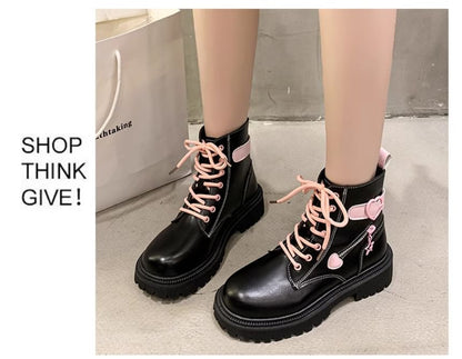 Platform Buckled Panel Lace Up Short Boots