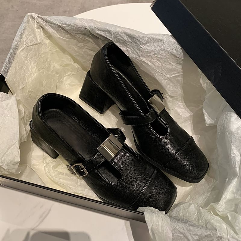 Square Cap Toe Block Heel T-Strap Pumps