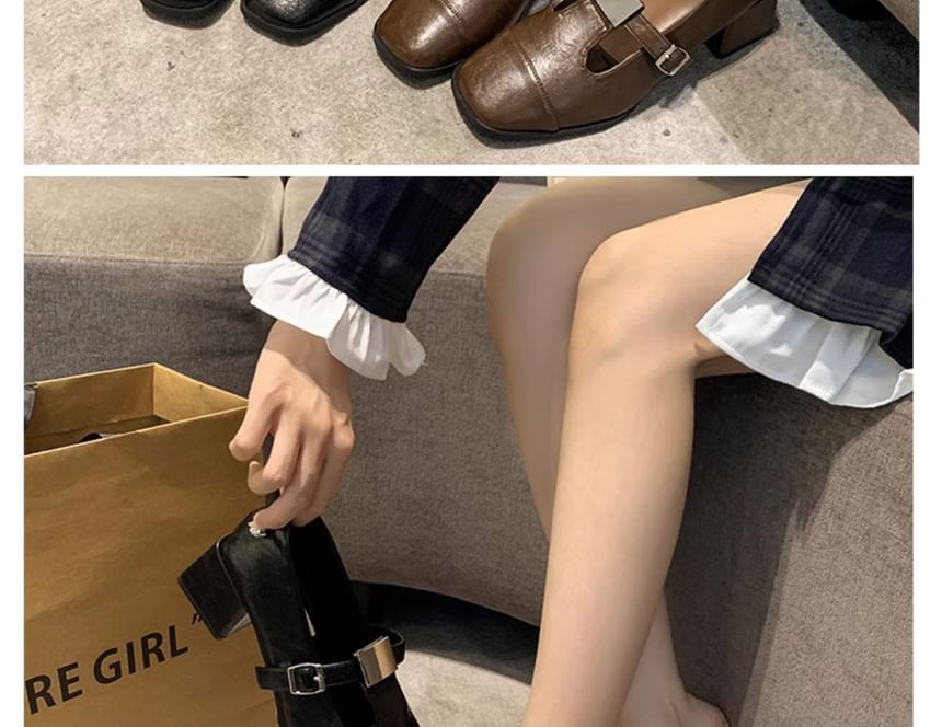 Square Cap Toe Block Heel T-Strap Pumps