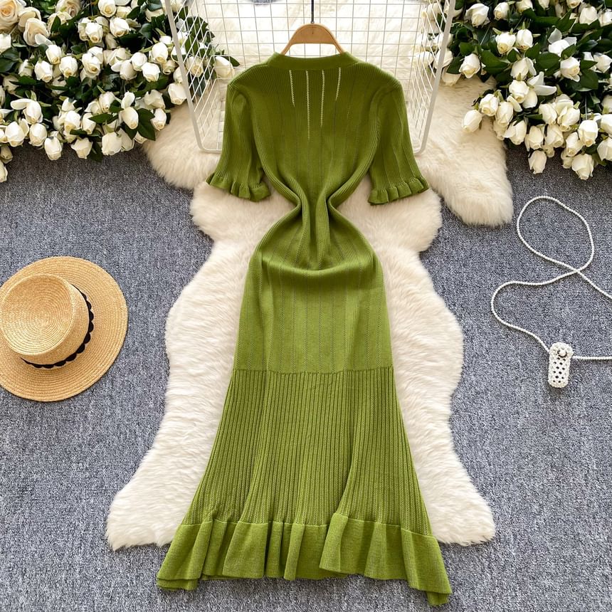 Three-Quarter Sleeve V-Neck Ruffle Trim Button Front Knit Full-Length Gown