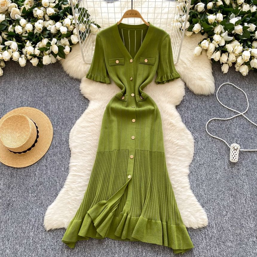 Three-Quarter Sleeve V-Neck Ruffle Trim Button Front Knit Full-Length Gown