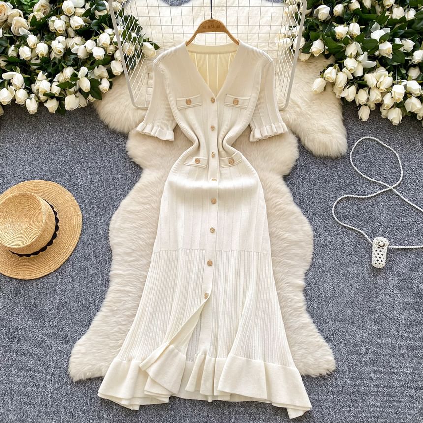 Three-Quarter Sleeve V-Neck Ruffle Trim Button Front Knit Full-Length Gown