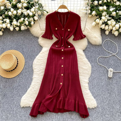 Three-Quarter Sleeve V-Neck Ruffle Trim Button Front Knit Full-Length Gown