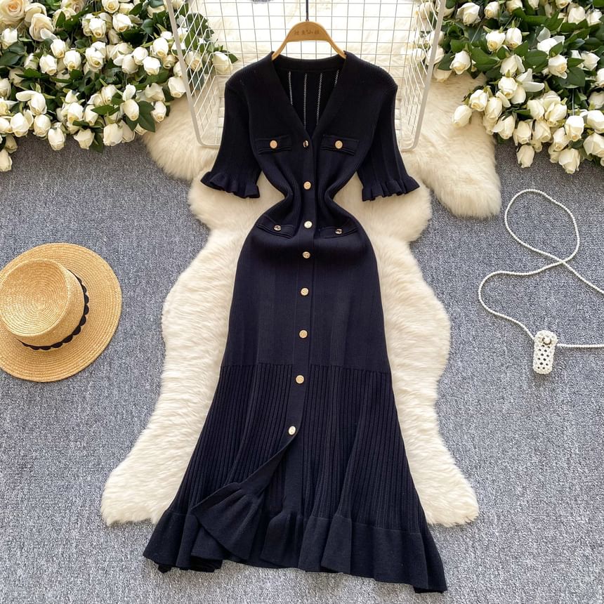 Three-Quarter Sleeve V-Neck Ruffle Trim Button Front Knit Full-Length Gown
