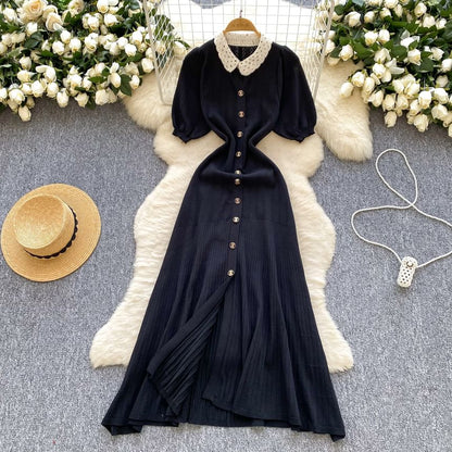 Three-Quarter Sleeve Contrast Collar Button Front Knit Maxi Dress