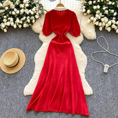 Three-Quarter Sleeve Contrast Collar Button Front Knit Maxi Dress