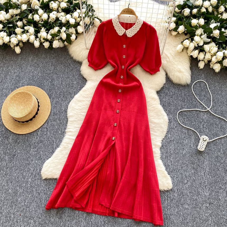 Three-Quarter Sleeve Contrast Collar Button Front Knit Maxi Dress