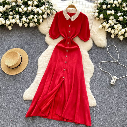 Three-Quarter Sleeve Contrast Collar Button Front Knit Maxi Dress