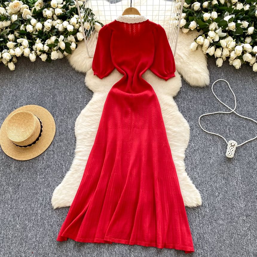 Three-Quarter Sleeve Contrast Collar Button Front Knit Maxi Dress
