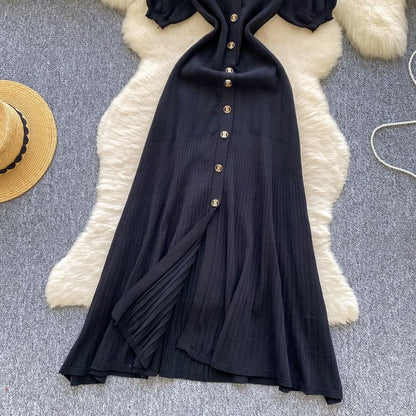 Three-Quarter Sleeve Contrast Collar Button Front Knit Maxi Dress