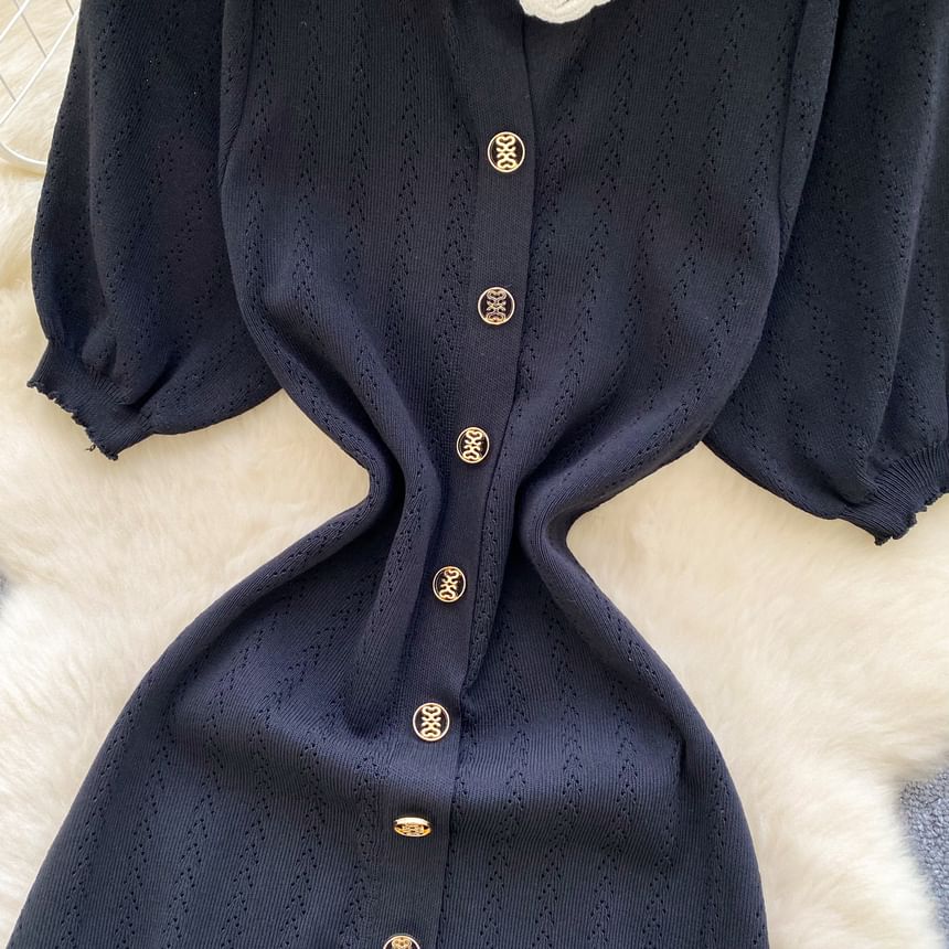 Three-Quarter Sleeve Contrast Collar Button Front Knit Maxi Dress