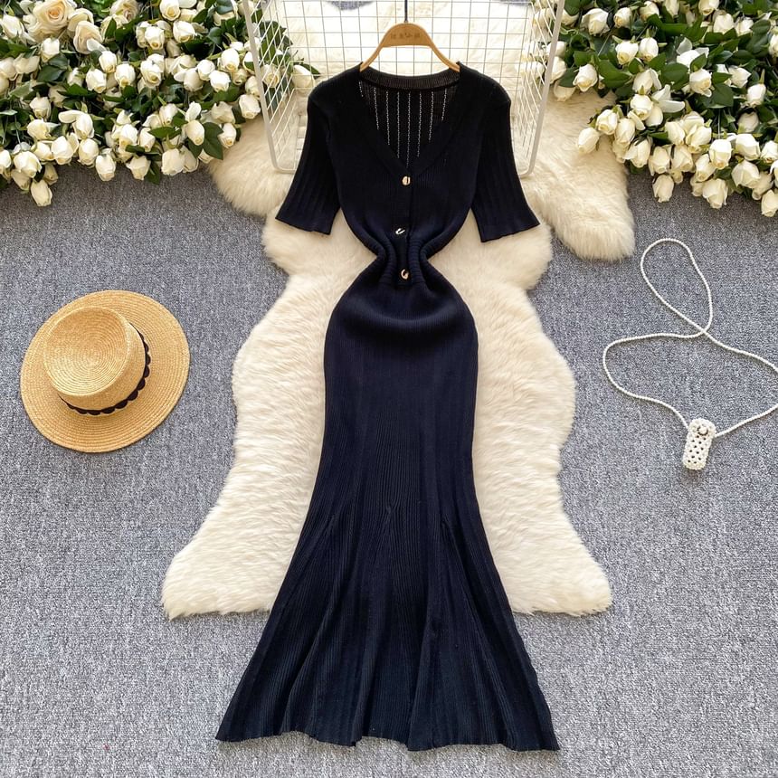 Elbow Sleeve V-Neck Half-Button Solid Knit Mermaid Dress