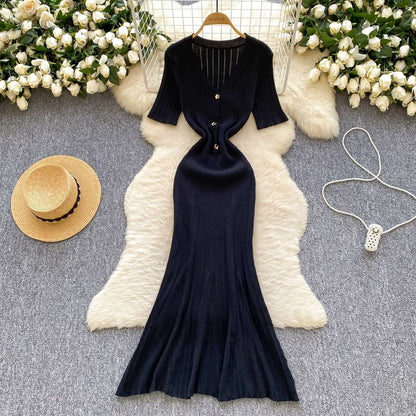 Elbow Sleeve V-Neck Half-Button Solid Knit Mermaid Dress