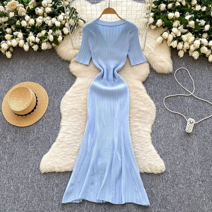 Elbow Sleeve V-Neck Half-Button Solid Knit Mermaid Dress