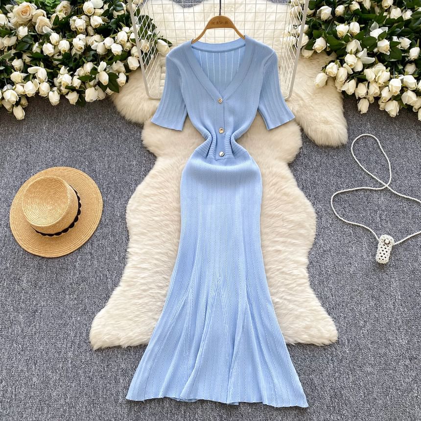 Elbow Sleeve V-Neck Half-Button Solid Knit Mermaid Dress