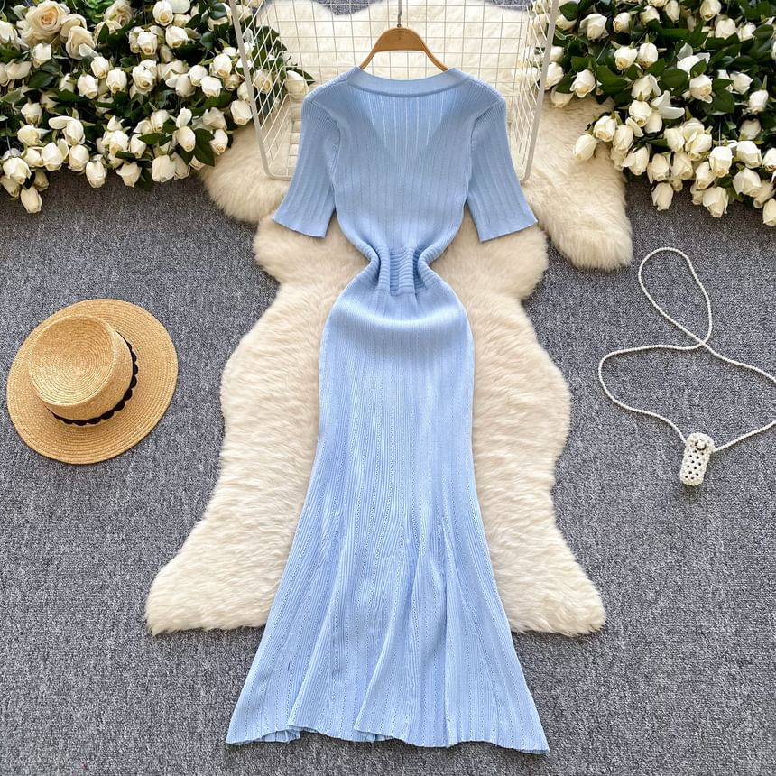 Elbow Sleeve V-Neck Half-Button Solid Knit Mermaid Dress