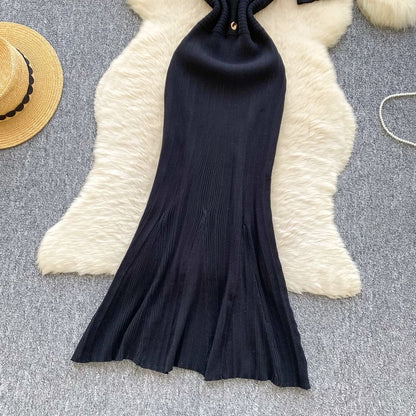 Elbow Sleeve V-Neck Half-Button Solid Knit Mermaid Dress