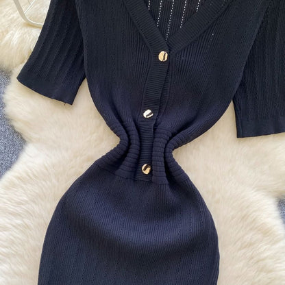 Elbow Sleeve V-Neck Half-Button Solid Knit Mermaid Dress
