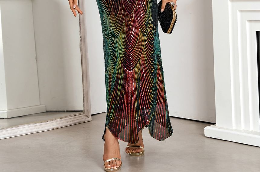 Sleeveless V-Neck Sequin Maxi Sheath Gown