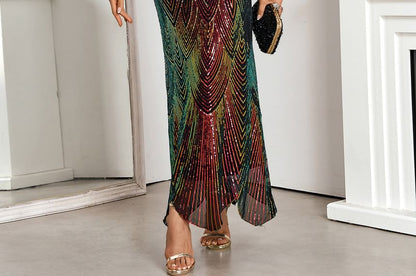 Sleeveless V-Neck Sequin Maxi Sheath Gown