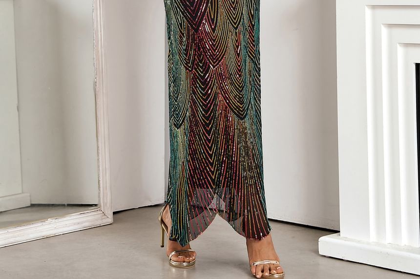 Sleeveless V-Neck Sequin Maxi Sheath Gown