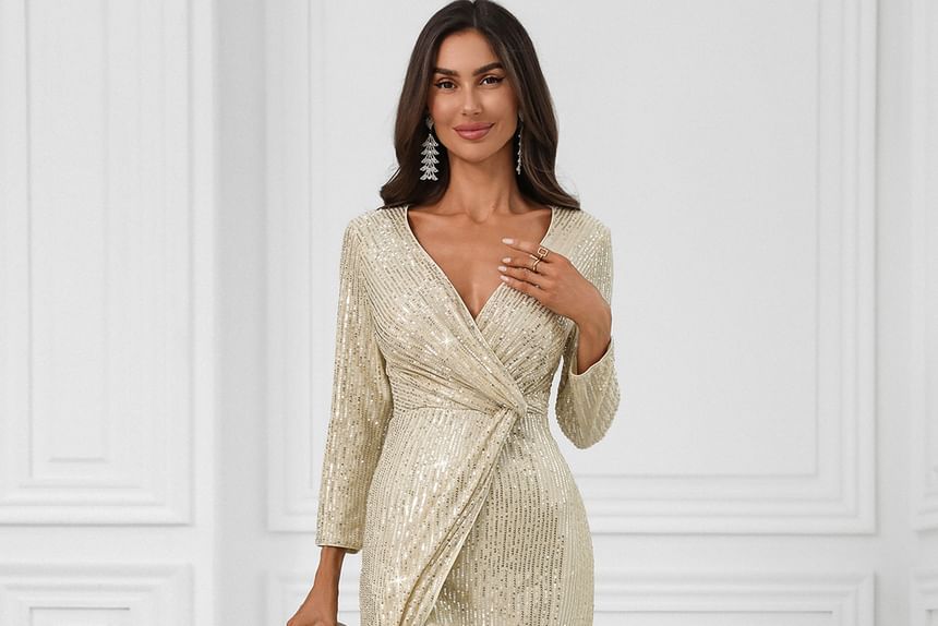 Long Sleeve V-Neck Sequin Maxi Fitted Dress
