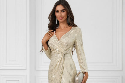 Long Sleeve V-Neck Sequin Maxi Fitted Dress