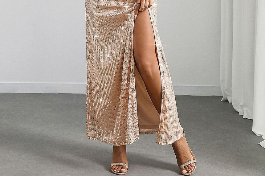 Thin Strap Glitter Maxi Fitted Dress