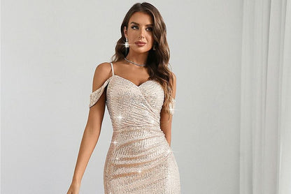 Thin Strap Glitter Maxi Fitted Dress