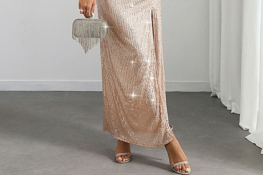 Thin Strap Glitter Maxi Fitted Dress