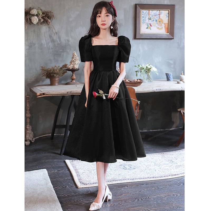 Puff Sleeve Square Neck Plain Maxi A-Line Evening Gown