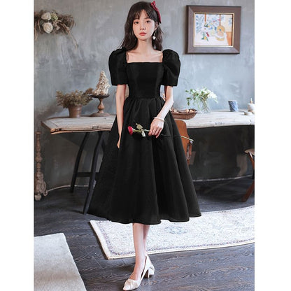 Puff Sleeve Square Neck Plain Maxi A-Line Evening Gown
