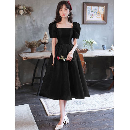 Puff Sleeve Square Neck Plain Maxi A-Line Evening Gown