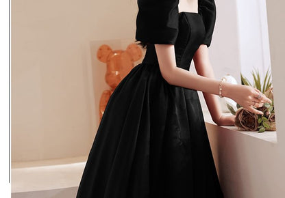 Square A-Line Evening Gown Maxi Sleeve Puff Plain Neck