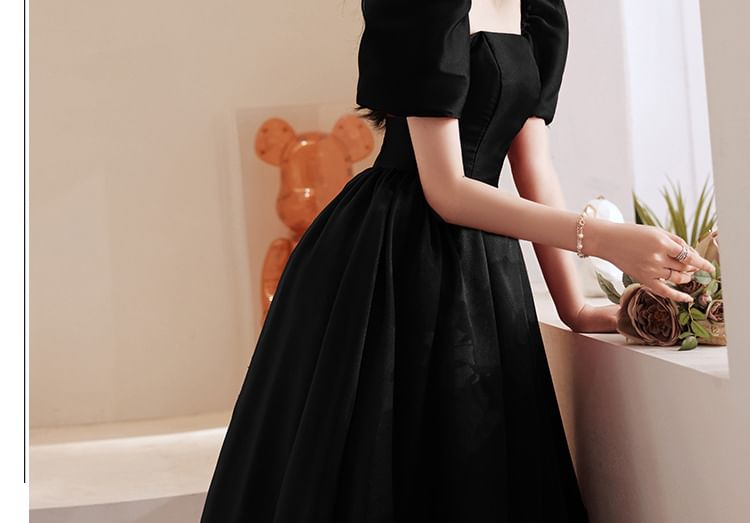 Puff Sleeve Square Neck Plain Maxi A-Line Evening Gown