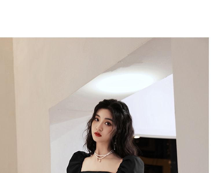 Square A-Line Evening Gown Maxi Sleeve Puff Plain Neck