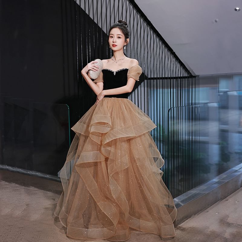Off The Shoulder Plain Velvet Glitter A-Line Evening Gown