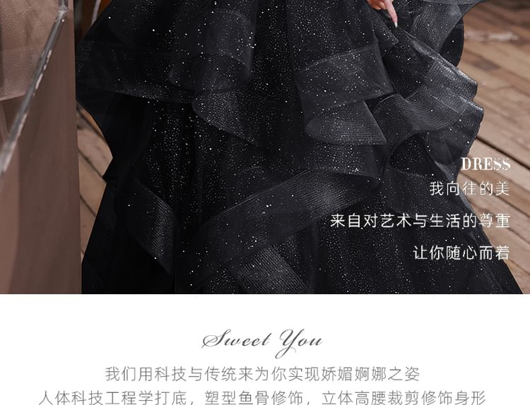 Off The Shoulder Plain Velvet Glitter A-Line Evening Gown