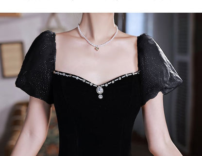 Off The Shoulder Plain Velvet Glitter A-Line Evening Gown