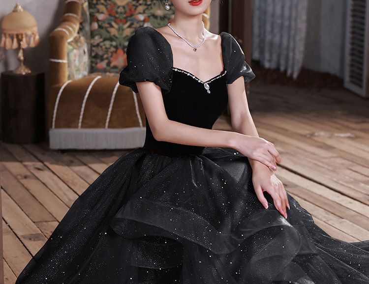 Off The Shoulder Plain Velvet Glitter A-Line Evening Gown