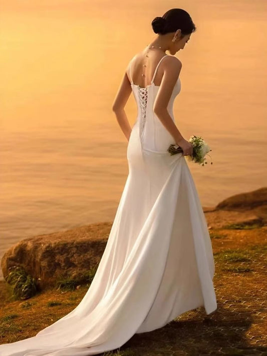 Spaghetti Strap V-Neck Plain Sheath Wedding Gown