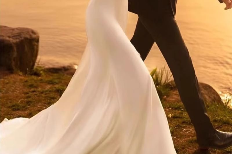 Spaghetti Strap V-Neck Plain Sheath Wedding Gown